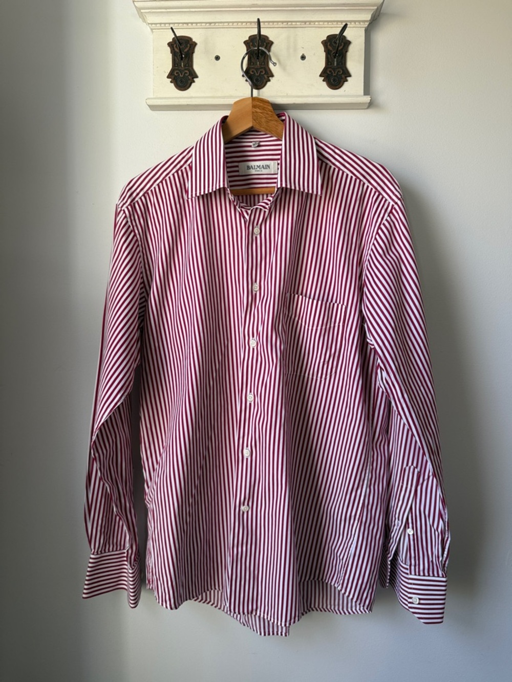 Balmain Men's Burgundy & White Striped Dress Shirt Button Down Office Medium